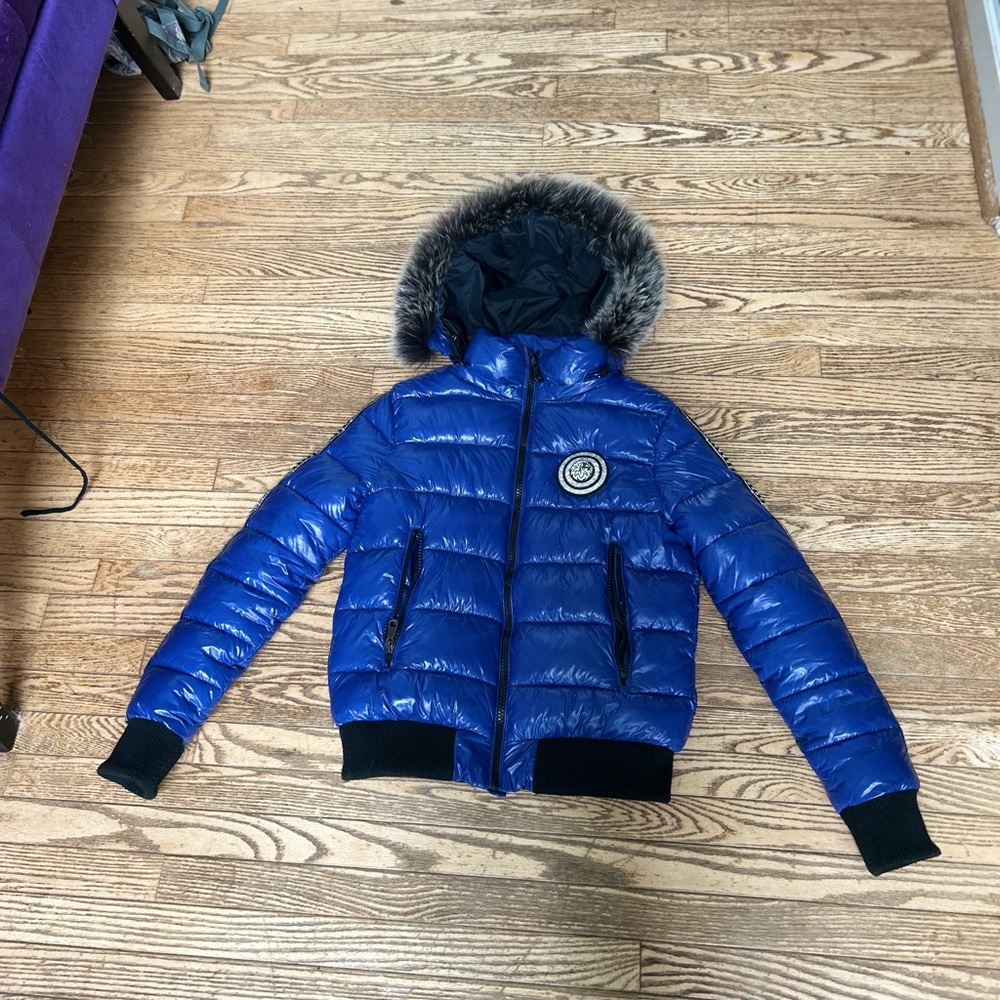 Blue Puffer Jacket with Fur Hood